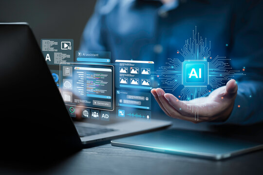 Ai generate concept. Artificial Intelligence Content Generator tool. Computer chip processor technology for AI assistant to graphic design, translate language, chat bot, generate images, write code