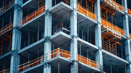 Fototapeta premium Multistory concrete building is under construction featuring scaffolding and safety nets : Generative AI