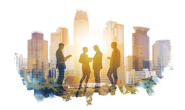 Double-exposure watercolor image of business people interacting against a cityscape backdrop with sunlight