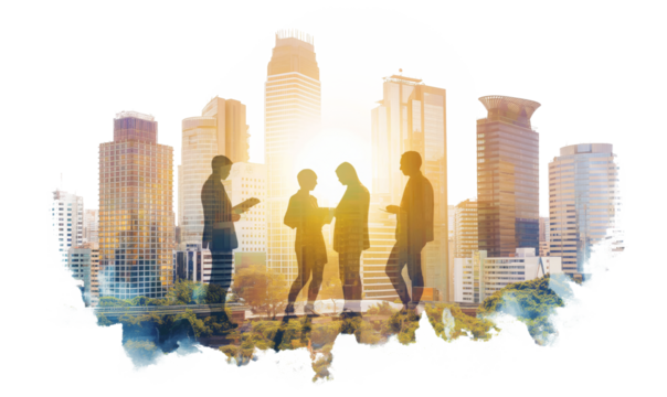 Double-exposure watercolor image of business people interacting against a cityscape backdrop with sunlight - Powered by Adobe