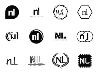 NL logo company template. Letter n and l logotype. Set different classic serif lettering and modern bold text with design elements. Initial font typography.