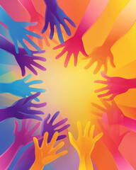 Fototapeta premium Colorful abstract illustration of diverse hands reaching towards the center with a vibrant gradient background