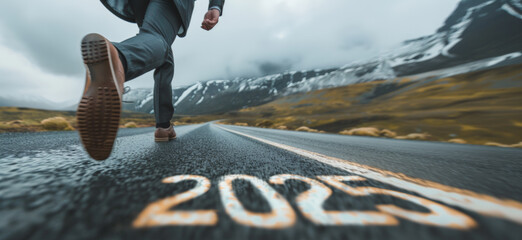 Businessman walking on a road with "2025" painted on it, symbolizing the start of a new year and journey towards future goals