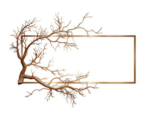 Fototapeta premium Intricate rectangular frame with a golden branch design extending from the left side, on a white background