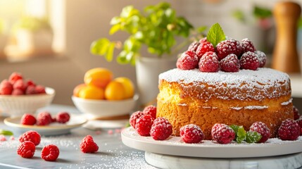 Delicious homemade raspberry cake decorated with fresh raspberries and powdered sugar