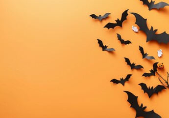 Halloween themed background with black bats and white ghosts on an orange backdrop, tree branches, minimal concept photography