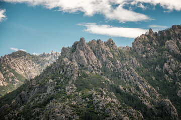 Jagged, rocky, mountain peaks in the interior of the Mediterranean island of Corsica