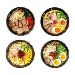 Set of 4 bowls with Japanese ramen with chicken or pork and noodles isolated on transparent background. Asian food concept. Elements collection for design menu, recipe card, banner, poster