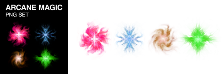 Magic spells arcane orbs png set of game graphics for fantasy books or RPG games depicting swirling magical effects