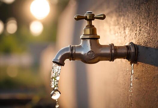 Concetto di spreco delle risorse idriche, fonte nel desrto con poca acqua, rubinetto che perde acqua, spreco di acqua, cambiamento climatico