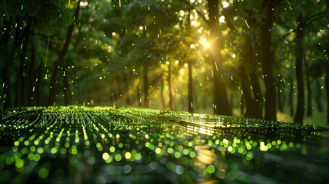 Digital forest with green matrix binary code symbolizing environmental concept