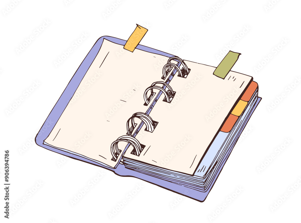Aufkleber notebook, open notepad with blank pages, spiral binding. organizer, planner, diary with adhesive boo
