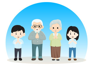 grandparents, boys and girls in a prayerful pose character cartoon illustration design