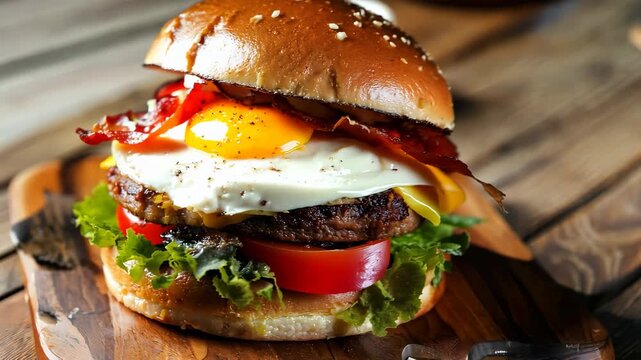 Serving a mouthwatering cheeseburger with egg and bacon