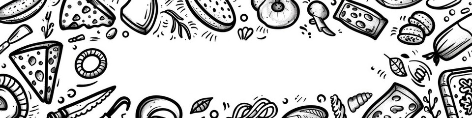 Simple line illustration of a graffiti ornament frame with charcoal doodles strokes and sketches featuring dairy products herbs meat and baking ingredients