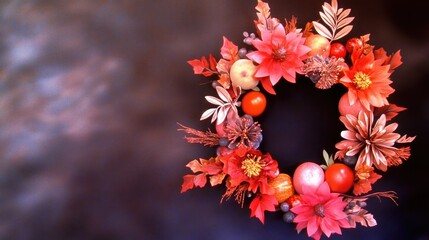 Vibrant Autumn Wreath Adorned With Colorful Leaves and Berries