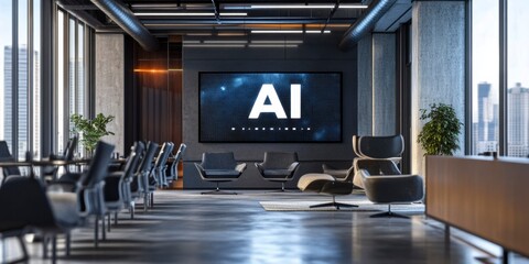 Modern Office Interior with AI Display and Seating Area