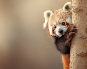 Obraz premium A curious red panda peeking from behind a tree, showcasing its playful and charming nature in a serene setting.