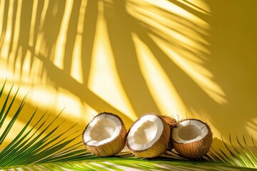Obraz premium Coconut halves on palm fronds with palm shadow on yellow wall
