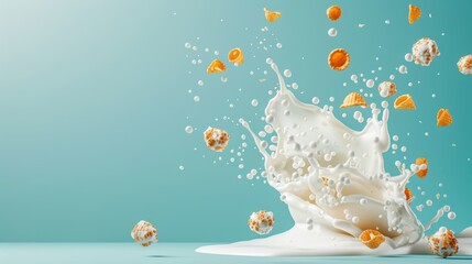 Obraz premium Fluid art with artistic representations of cereal and milk, evoking a sense of morning warmth and satisfaction