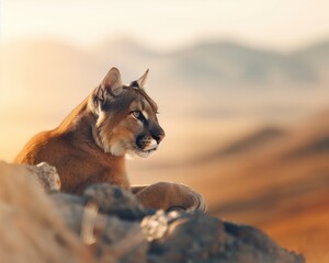 A majestic mountain lion rests atop a rocky outcrop, surveying the serene landscape bathed in warm sunlight.