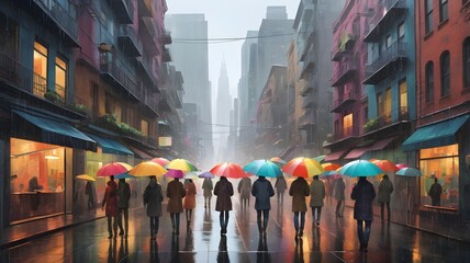 Obraz premium Illustration of a modern city street during a rainy day, with people under colorful umbrellas