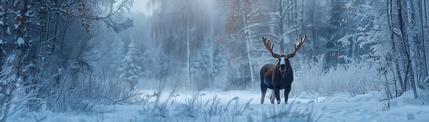 Obraz premium A majestic stag stands in a snowy forest, surrounded by serene winter scenery and soft falling snowflakes.
