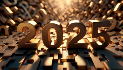 金。西暦。2025。金のオブジェ。重厚で重い鉄鋼や樹脂が立体的に自立し、厚みのある金属感を放つ。ゴールドの輝きは磨かれたメタル。金メッキ。硬い。周囲には転がった数字。削りや研磨を経て美しい。混沌とした時代。今後の行く末。未来はどうなる。
