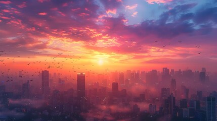 Vibrant Sunrise over Majestic City Skyline Representing New Beginnings and Opportunities in Urban Life