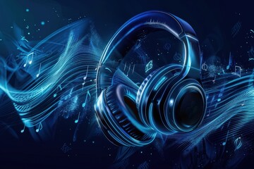 Casque audio lumineux avec notes de musique sur fond bleu