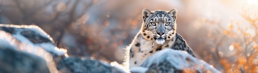 Obraz premium A stunning snow leopard peering through a snowy landscape, embodying grace and beauty in its natural habitat.