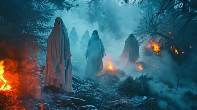 many spectral entities against a shadowy backdrop
