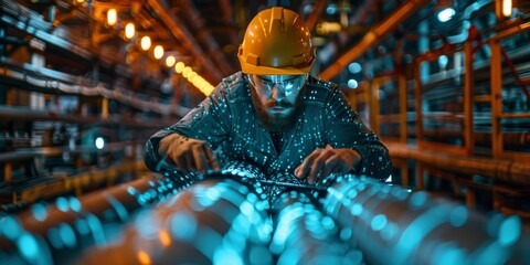 Engineer in a futuristic tunnel working on illuminated pipes with a digital interface