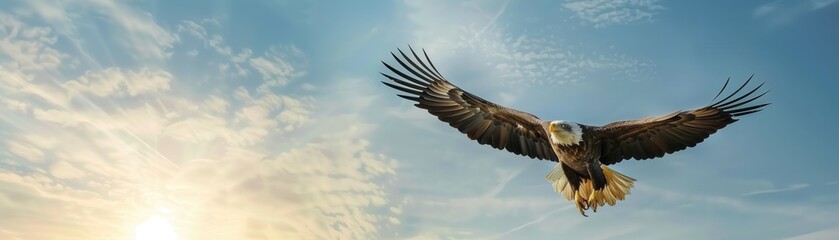 Obraz premium Majestic eagle soaring through a clear blue sky at sunset, showcasing its powerful wings and stunning plumage.