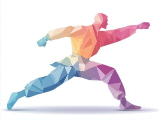 Fototapeta premium Vibrant polygonal illustration of a dynamic athlete in motion, showcasing strength and agility in a colorful geometric design.