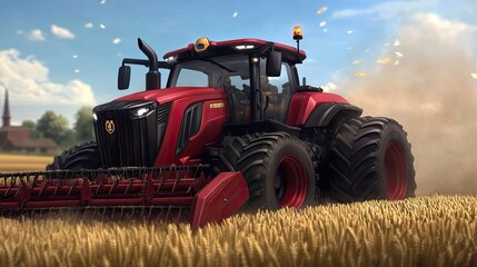 Obraz premium Powerful Red Tractor Harvesting Wheat Fields Under Sunny Sky