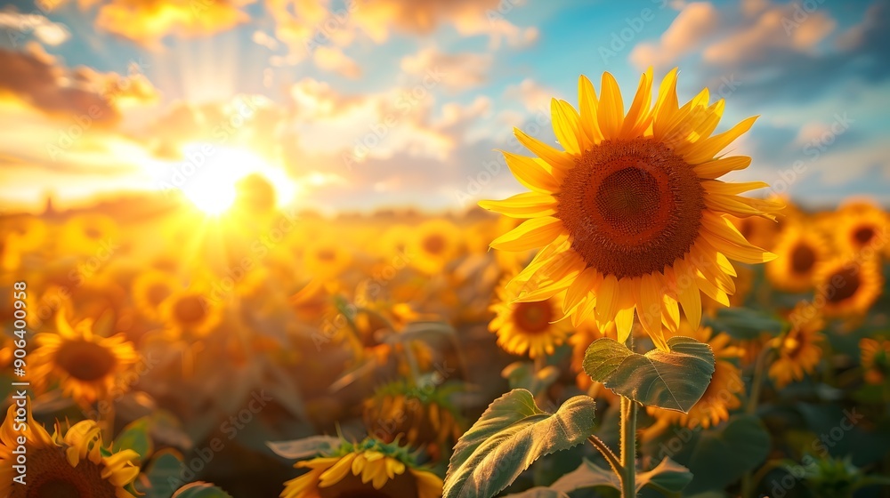 Poster Vibrant Sunflower Field at Sunrise Symbolizing New Beginnings and Happiness