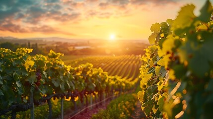 Naklejka premium Sunrise Over a Lush and Vibrant Vineyard Symbolizing Growth and New Possibilities