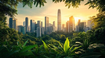 A bustling urban cityscape featuring a vibrant business district with towering skyscrapers