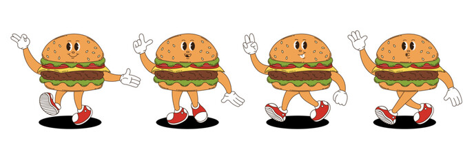 Retro groovy hamburger characters set. 