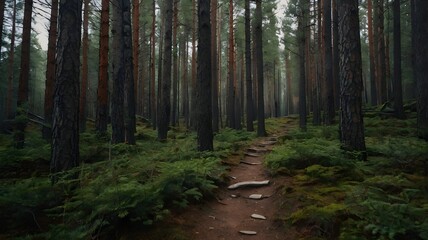 Fototapeta premium Portrait of a long mountain path leading through a pine forest