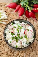 Cottage cheese with freshly cut chives and radish. Light nutritious breakfast