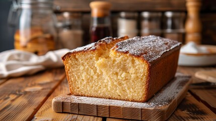 A pound cake loaf on wooden table in kitchen