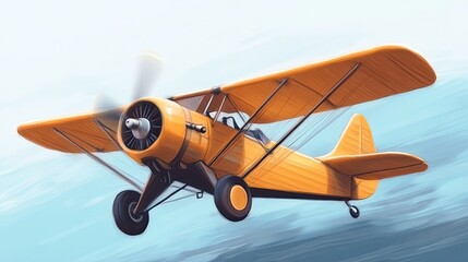 Bright Orange Bi-Plane Flying Through a Clear Blue Sky Above Fields
