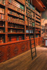 Intricately carved wooden bookshelves filled with books in a historic library in Porto. A rolling ladder provides access to higher volumes, enhancing the rich ambiance. © Aerial Film Studio
