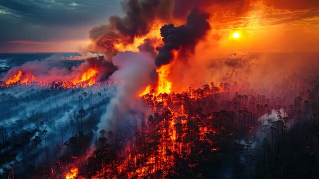 Fiery forest inferno at sunset with thick smoke