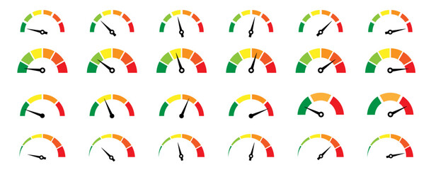 Risk meter icon set. Risk concept on speedometer. Set of gauges from low to high.  Vector illustration.