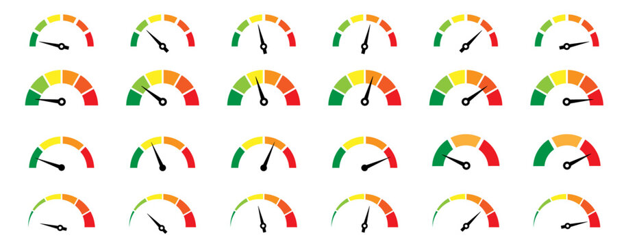 Risk meter icon set. Risk concept on speedometer. Set of gauges from low to high.  Vector illustration.