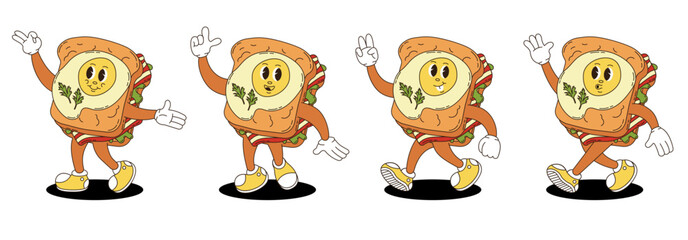 Retro groovy sandwich with fried egg and bacon characters set. 