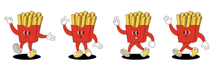 Retro groovy french fries characters set. 